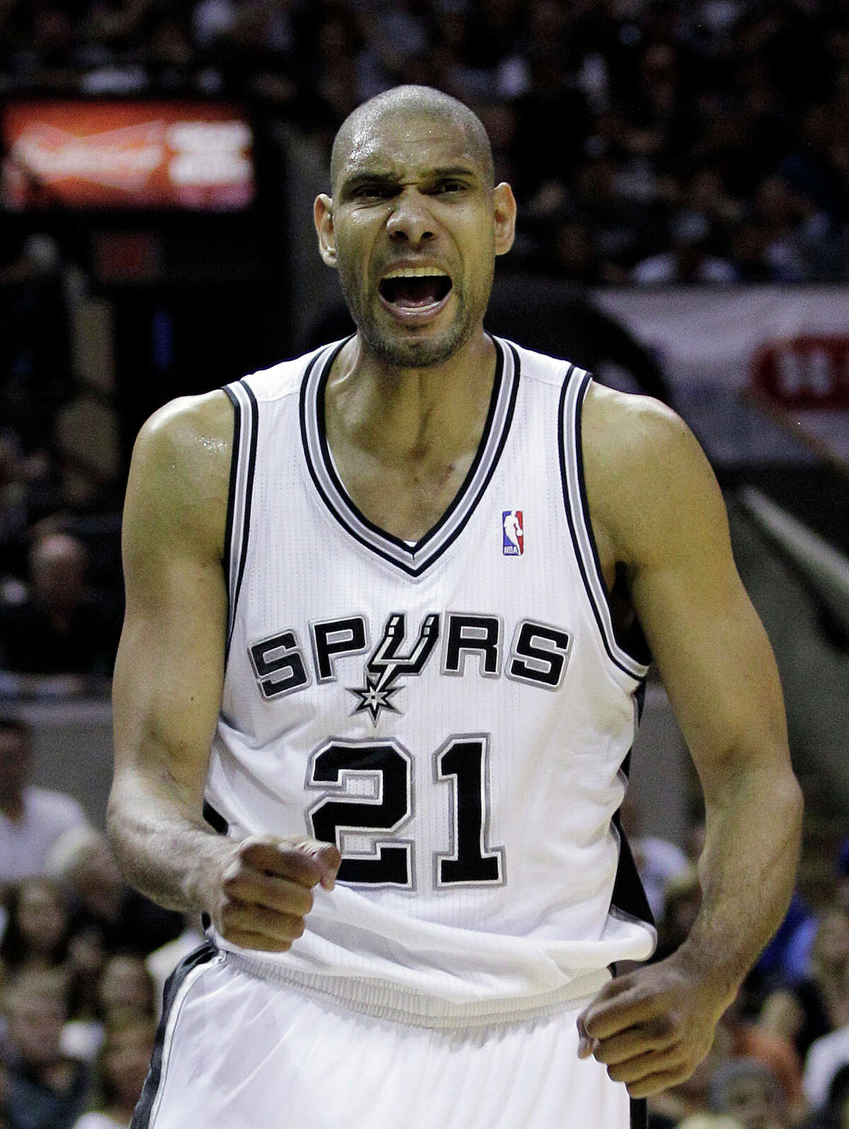 San Antonio Spurs' Tim Duncan reacts after a play during the fourth quarter of Game 1 of an NBA basketball Western Conference semifinal playoff series against the Los Angeles Clippers, Tuesday, May 15, 2012, in San Antonio. San Antonio won 108-92. (AP Photo/Eric Gay)