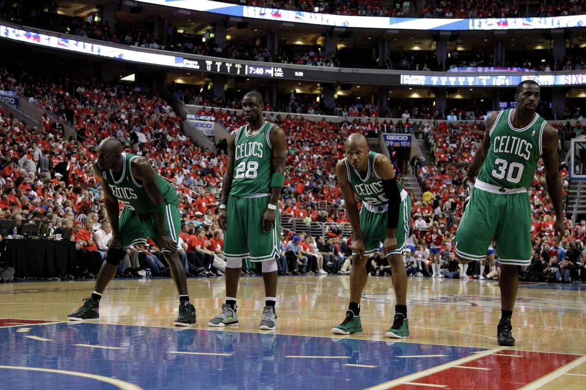 Boston Celtics' Kevin Garnett, Mickael Pietrus, Ray Allen and Brandon Bass during Game 3 of an NBA basketball Eastern Conference semifinal playoff series against the Philadelphia 76ers, Wednesday, May 16, 2012, in Philadelphia. The Celtics won 107-91 to take a 2-1 lead in the best of seven series. (AP Photo/Matt Slocum)