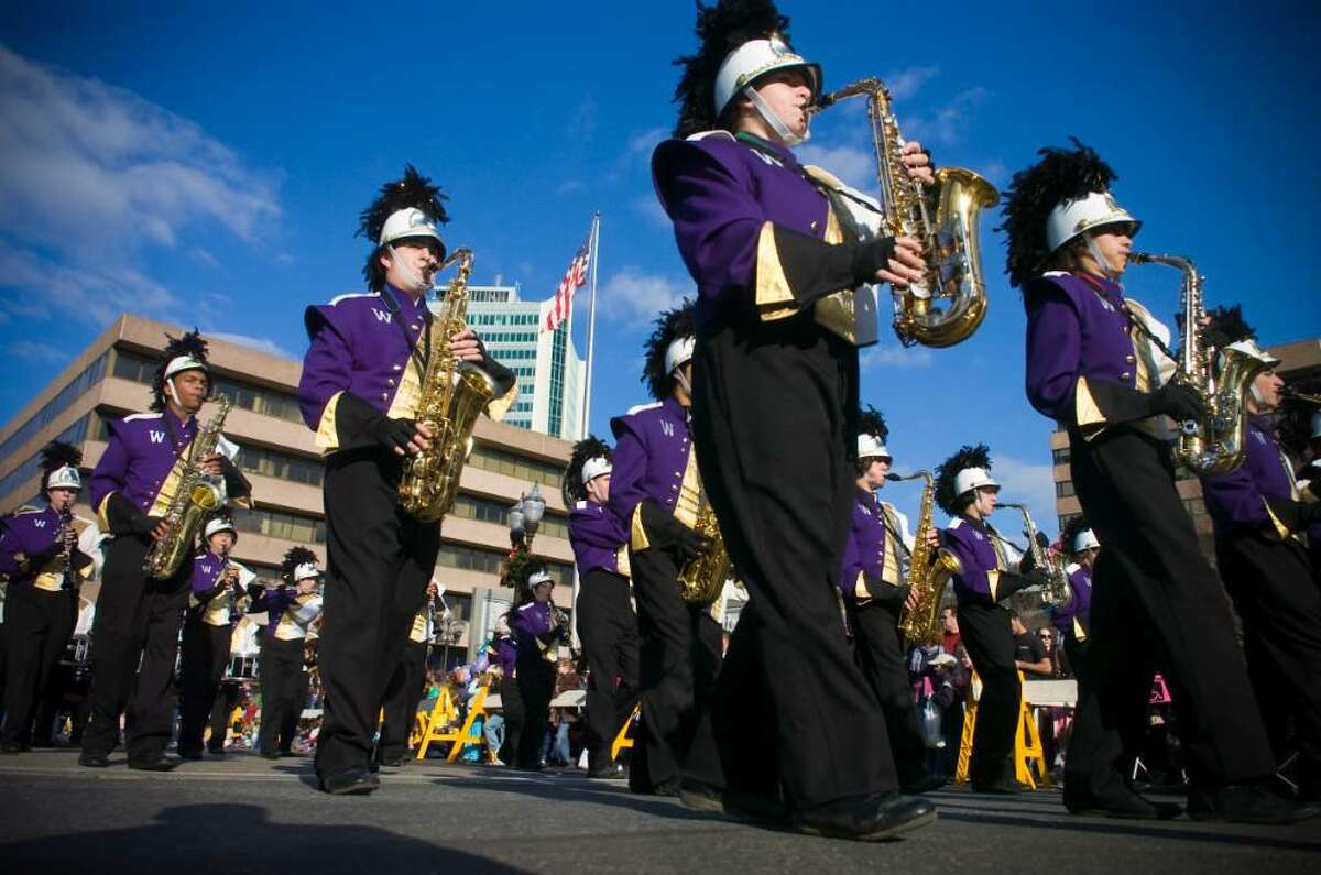 The Westhill High School marching band performs during the UBS Parade Spectacular in Stamford, Conn. on Sunday, Nov. 22, 2009.