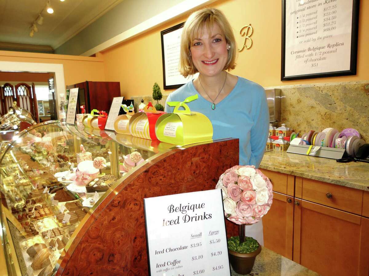 Susan Gilissen, co-owner of Belgique Chocolatier in New Canaan, Conn. in her shop on Elm Street on Sunday, May 20, 2012. Gilissen's husband, Pierre Gilissen is the chef/chocolate maker for their business.
