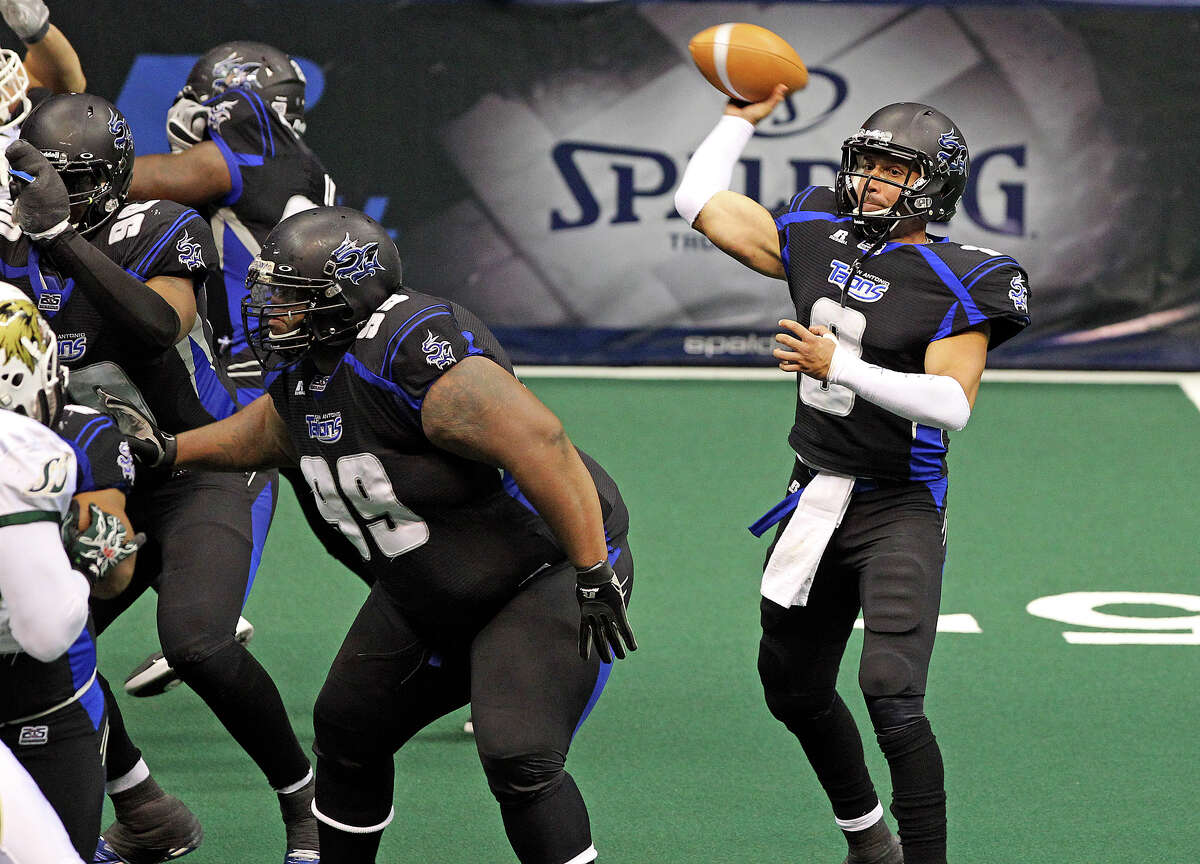 Talons quarterback Aaron Garcia throws another touchdown, this time in the fourth quarter, as the San antonio Talons play the San Jose Sabercats on May 19, 2012. Tom Reel/ San Antonio Express-News