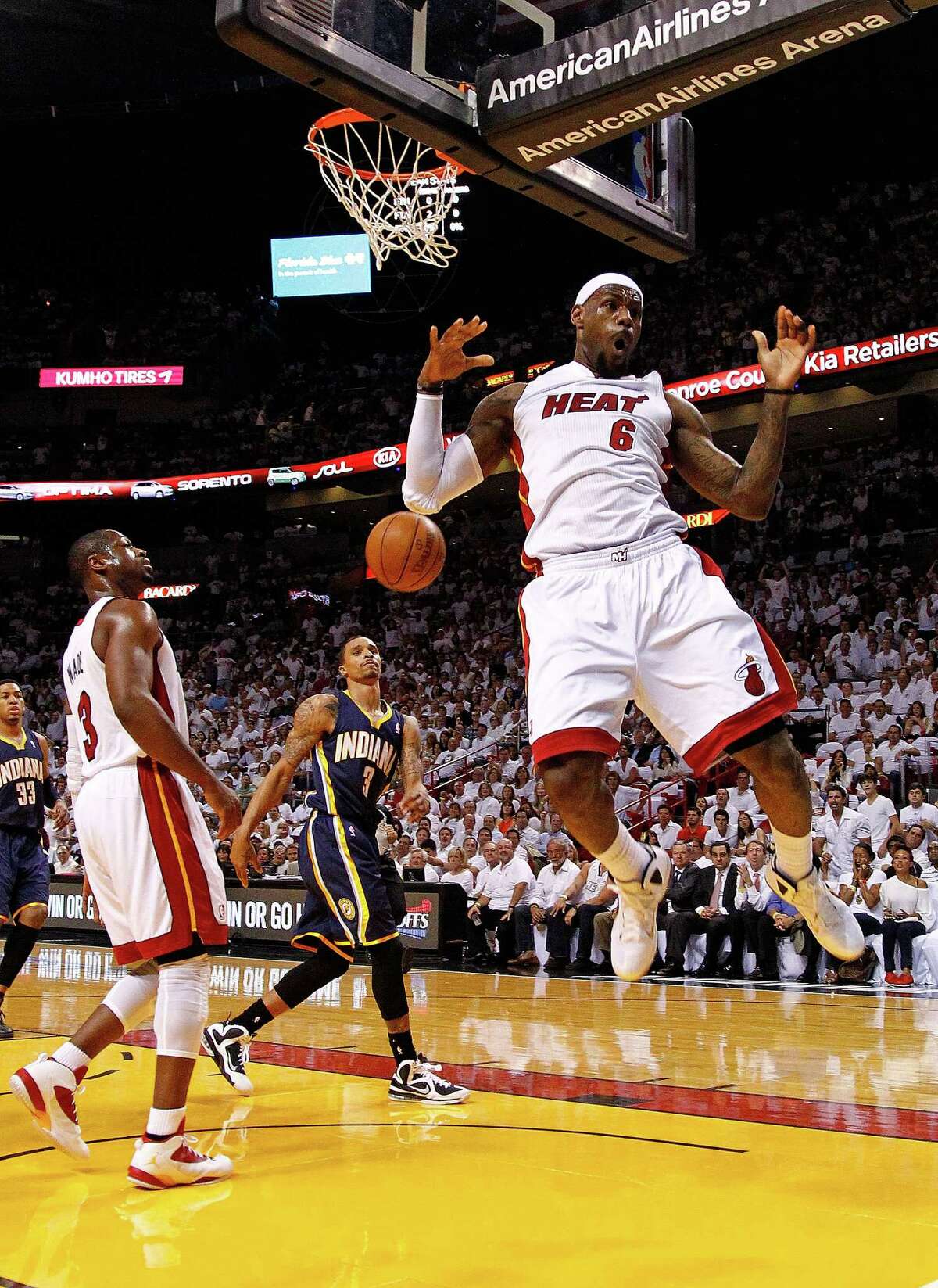 LeBron James #6 of the Miami Heat dunks during Game Five of the Eastern Conference Semifinals in the 2012 NBA Playoffs against the Indiana Pacers at AmericanAirlines Arena on May 22, 2012 in Miami, Florida.