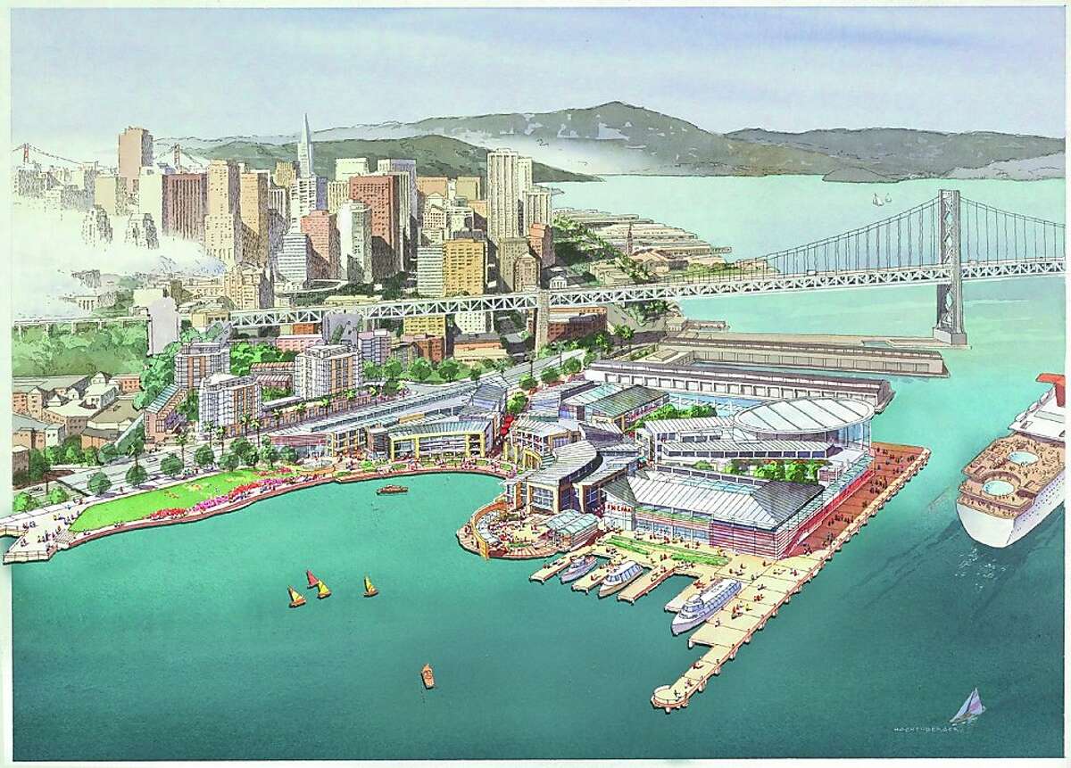 A rendering of an earlier proposed cruise ship terminal and mixed-use project for Piers 30-32. Called the Bryant Street Pier Project, it was to include a cruise terminal, state-of-the-art retail, residential development and a public park. San Francisco Cruise Terminal, LLC, a joint venture of Lend Lease Development US, Inc., the Port of Singapore, Chinese Maritime Transport, Inc. and Whitney Cressman, LLC, was selected in January 2000 to develop Piers 30-32. The $360 million project fell apart in 2006 after the cost of retrofitting Piers 30-32 proved prohibitive. It remains undeveloped after the America's Cup Event Authority decided to exclude it from a deal with the city on race facilities.