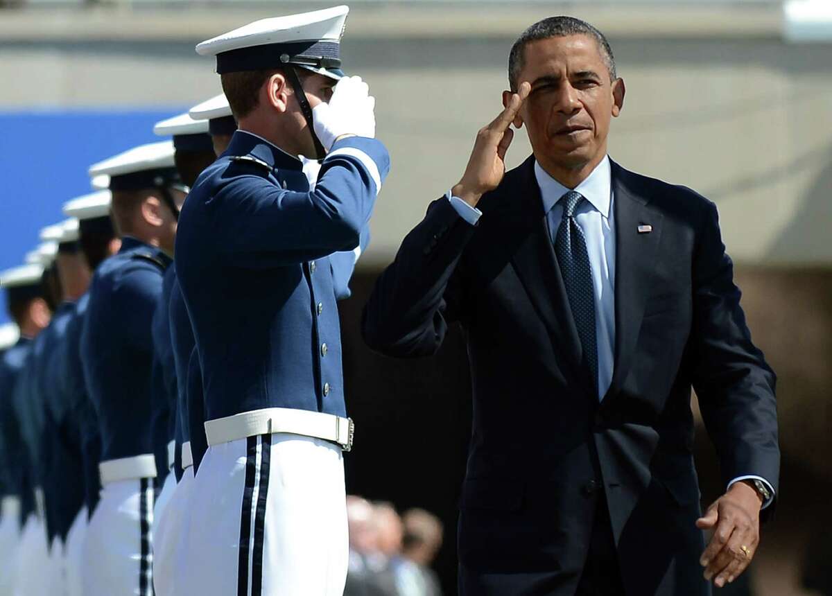 US President Barack Obama salutes as he arrives to deliver commencement address at the US Air Force Academy in Colorado Springs, Colorado, on May 23, 2012. AFP PHOTO/Jewel SamadJEWEL SAMAD/AFP/GettyImages