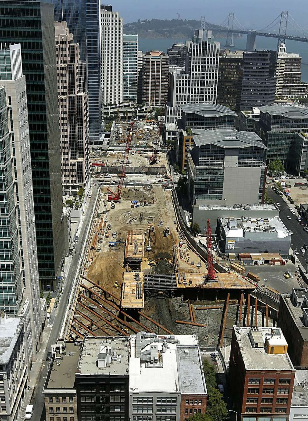 Nearly three blocks of construction continues on the Transbay Transit Center South of Market St. in San Francisco, Ca., on Thursday May 17, 2012.
