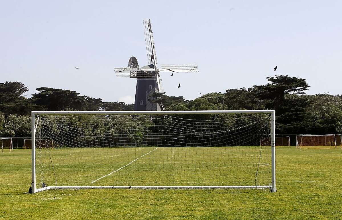 The Beach Chalet Soccer Fields, under the shadow of the Murphy Windmill, at the Western end of Golden Gate Park, on Wednesday May 23, 2012, in San Francisco,Ca. The City of San Francisco has plans to redo the soccer fields with artificial turf and install lights to allow the fields to be used by more teams. Neighbors and environmentalists are opposed to the idea.