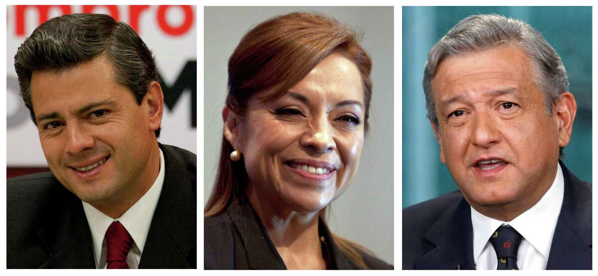 FILE - This combo picture of three file photos shows presidential candidates, from left, Enrique Pena Nieto of the Institutional Revolutionary Party, PRI, Josefina Vazquez Mota of the National Action Party, PAN, and Andres Manuel Lopez Obrador of the Democratic Revolutionary Party, PRD, during different events in Mexico City. Mexico's scheduling conflict between a presidential candidates' debate and a soccer quarterfinals match got ugly Tuesday, May 1, 2012. It seems to have been turned into a grudge match, between whether Mexicans will tune in to watch politicos batting around ideas, or two of the nation's best teams playing soccer. Mexico will hold presidential elections on July 1, 2012. (AP Photo, Files)