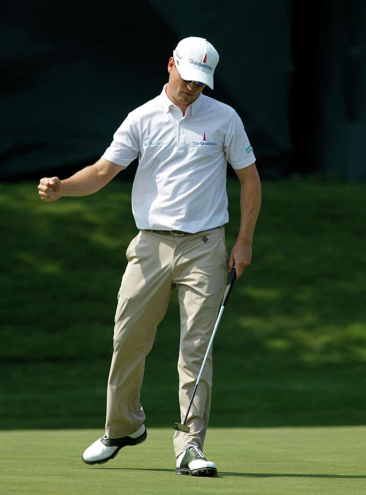 Zach Johnson celebrates after sinking a birdie putt on 16 during the second round of the PGA Colonial golf tournament on Friday, May 25, 2012, in Fort Worth, Texas.