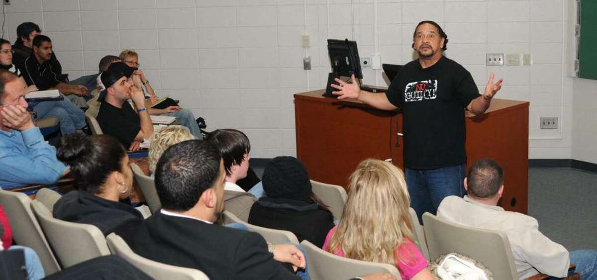 Juan Melendez, who spent 17 years on Florida's death row, speaks at WCSU, in Danbury, CT, about abolishing the death penalty on Wednesday, Nov. 18, 2009