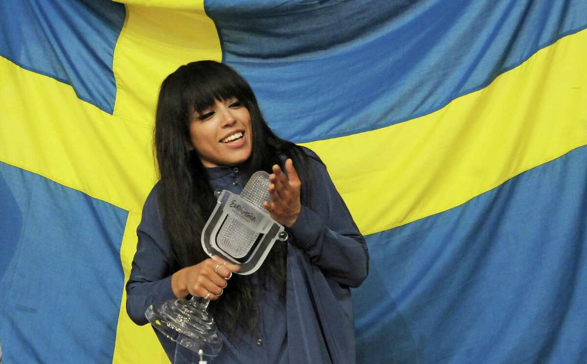 Sweden's Loreen poses with her trophy prior to a news conference after winning the 2012 Eurovision Song Contest at the Baku Crystal Hall in Baku, Azerbaijan, Sunday, May 27, 2012.