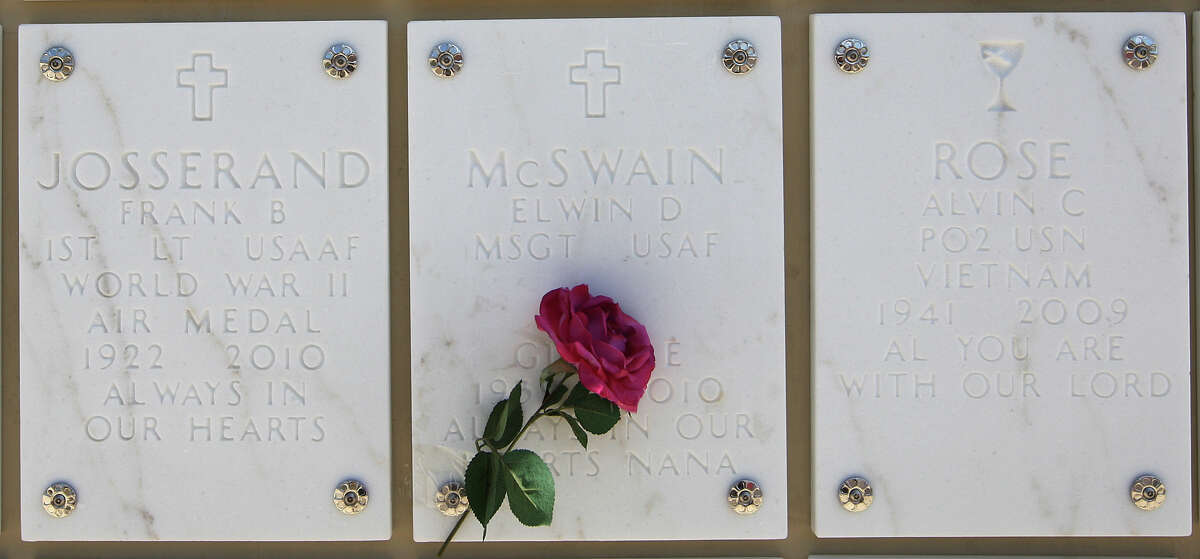 A single rose is placed by a burial niche at Columbaria 1 of Fort Sam Houston National Cemetery, Monday, May 28, 2012. A Memorial Day ceremony was held nearby at the cemetery's assembly area.