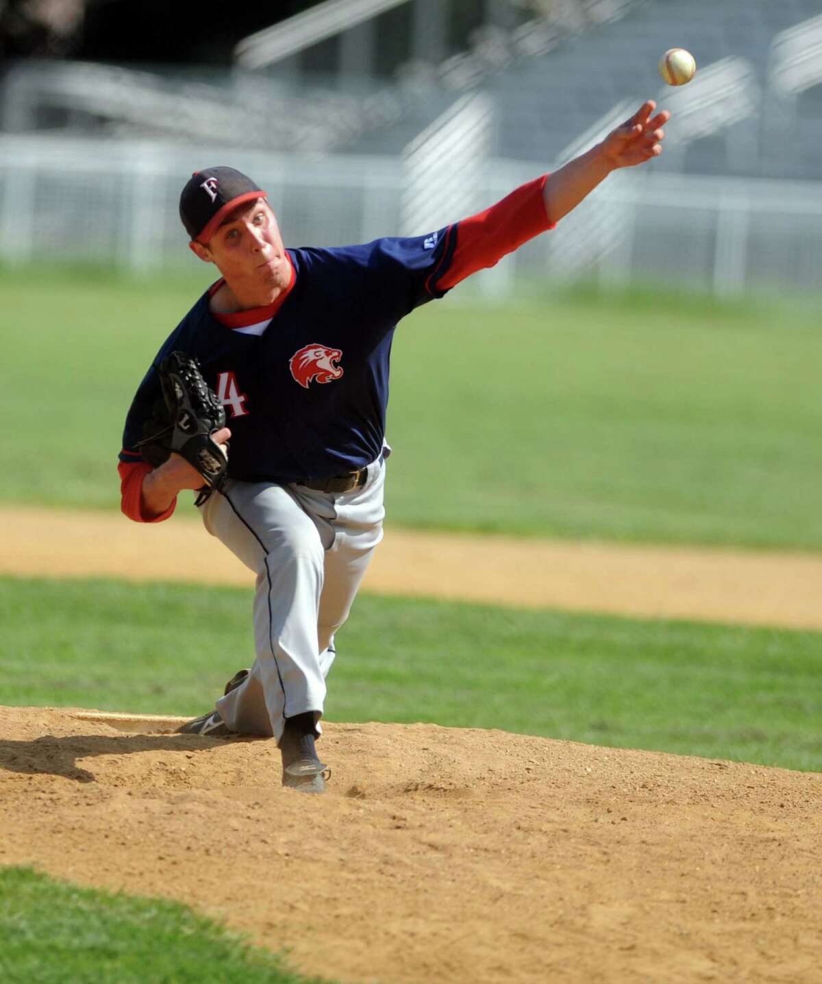Foran's Ryan Manning pitches during the Class L first round state baseball tournament game against Stratford High School Tuesday, May 29, 2012 at Penders Field in Longbrook Park in Stratford, Conn.