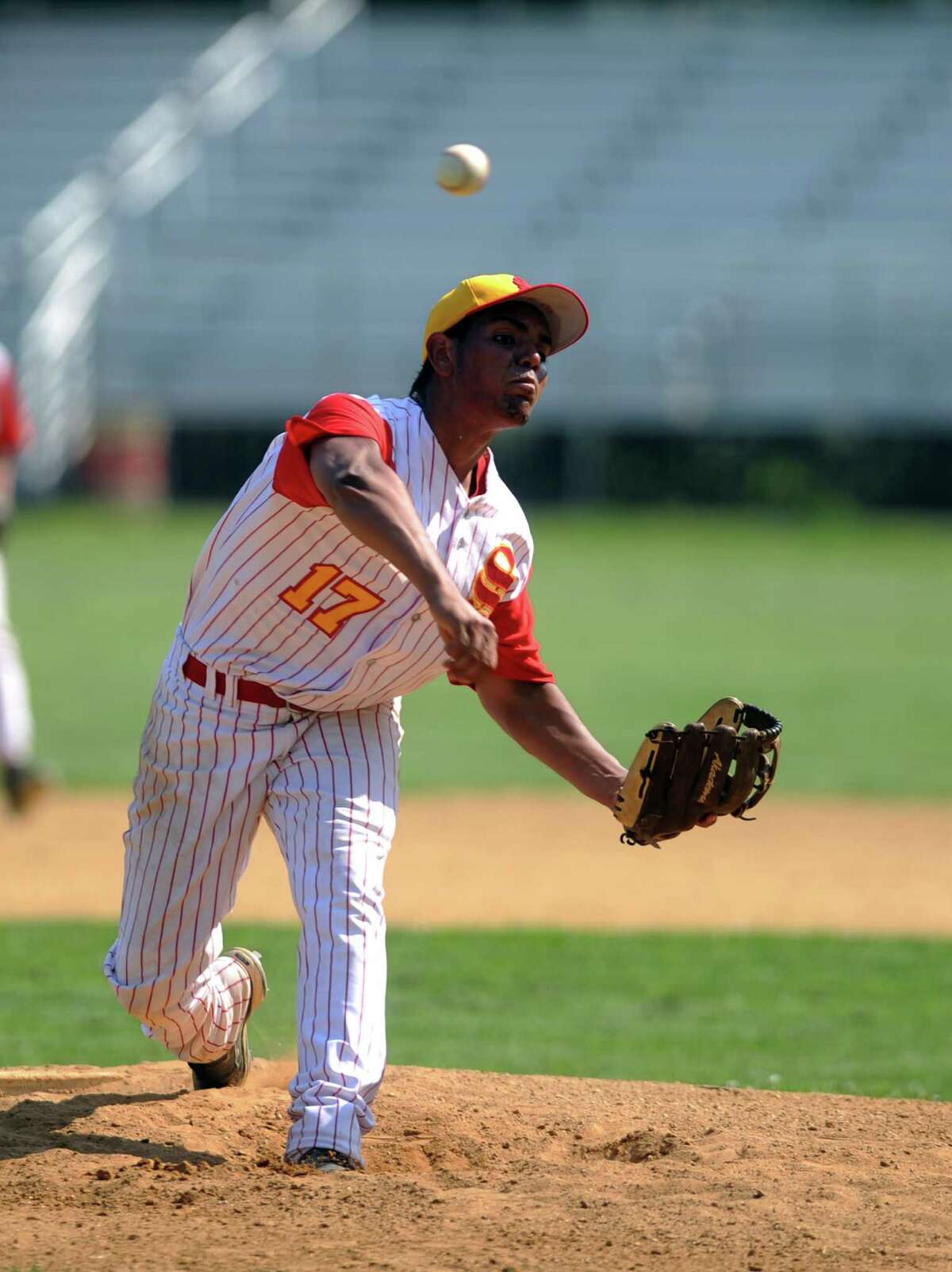 Stratford's Axel DeJesus pitches during the Class L first round state baseball tournament game against Foran High School, of Milford, Tuesday, May 29, 2012 at Penders Field in Longbrook Park in Stratford, Conn.