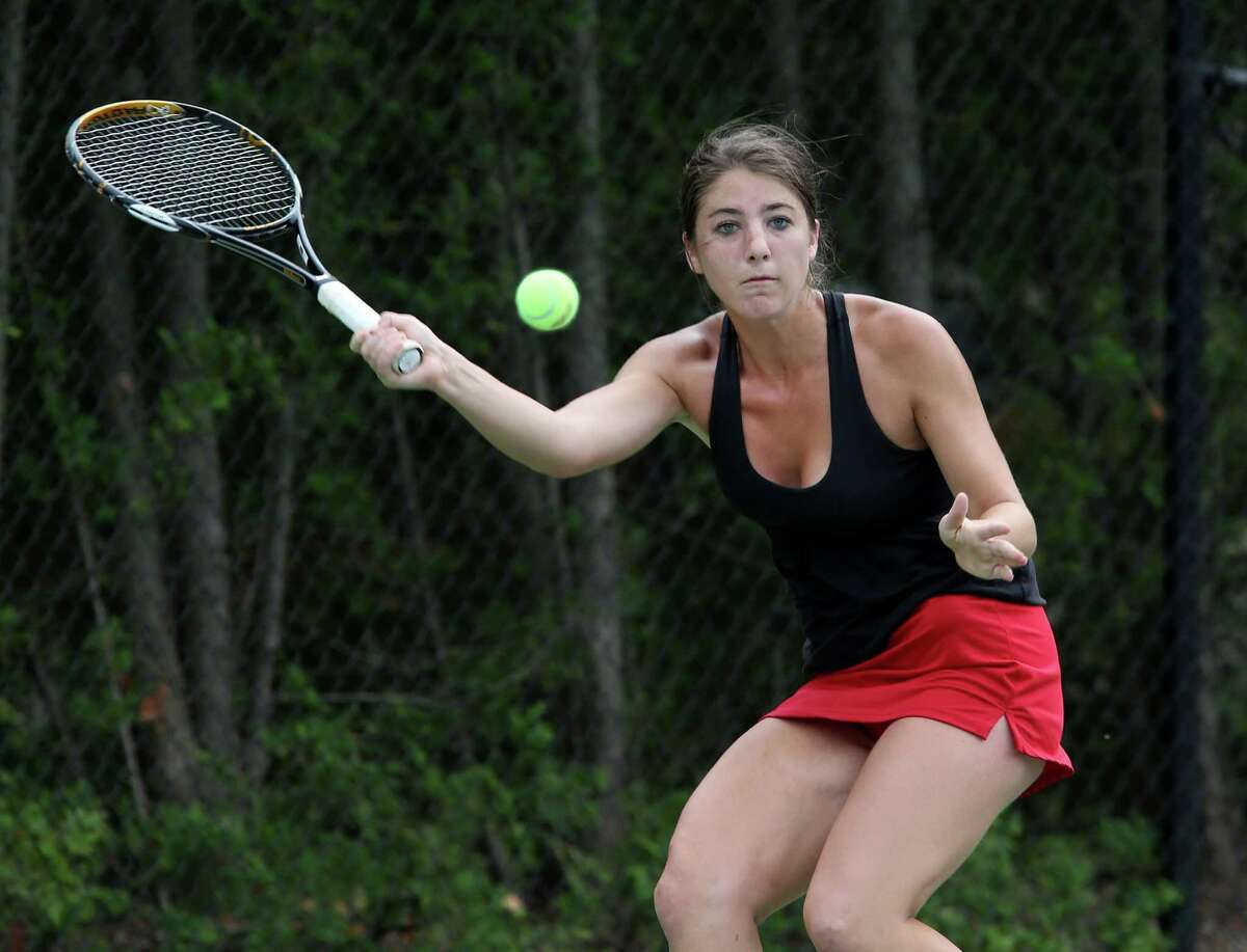 New Canaan High School's Courtney Gallagher eyes the ball during her Class L tennis final against Greenwich High School's Jenn DeLuca on Friday June 1, 2012 at Yale's Cullman Courts in West Haven, Conn.