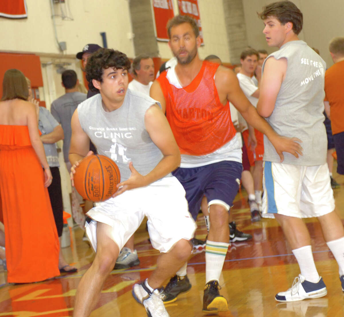 From left: Andrew Gruseke, Arie Barendrecht and Matt Gruseke at the 3-on-3 tournament at the first Coach Bob Classic, to honor the legacy of Bob Haugen, the founder and former president of the Greenwich Basketball Association at Greenwich High School Sunday, June 3, 2012.