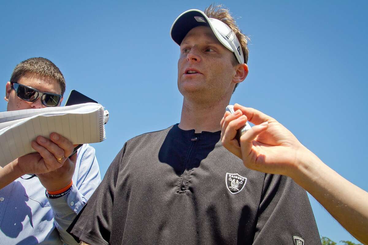 Raider defensive coordinator Jason Tarver talks to reporters after a rookie minicamp at the Raider training facility in Alameda, Calif., on Saturday, May 12th, 2012.