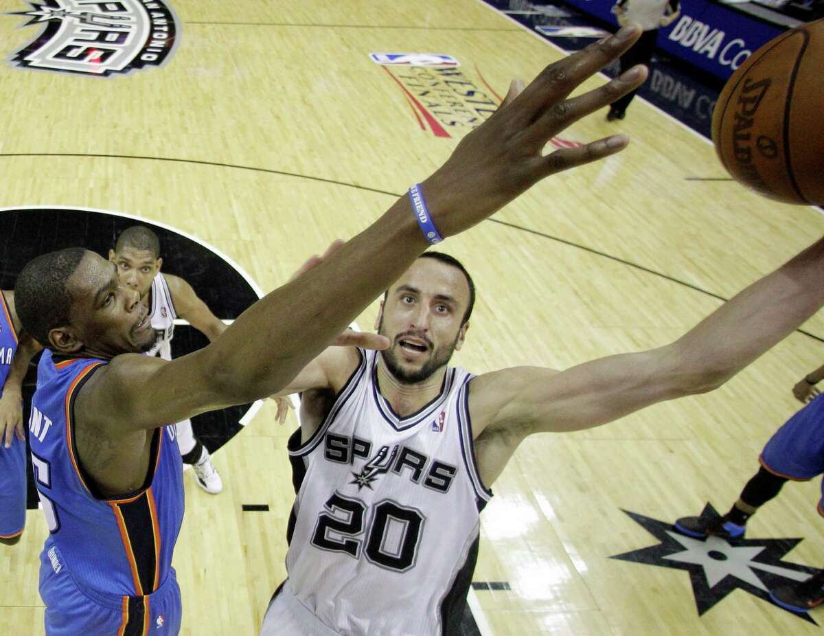San Antonio Spurs' Manu Ginobili (20), of Argentina, shoots against Oklahoma City Thunder's Kevin Durant during the second half of Game 5 in the NBA basketball Western Conference finals, Monday, June 4, 2012, in San Antonio. The Thunder won 108-103. (AP Photo/Eric Gay, Pool)