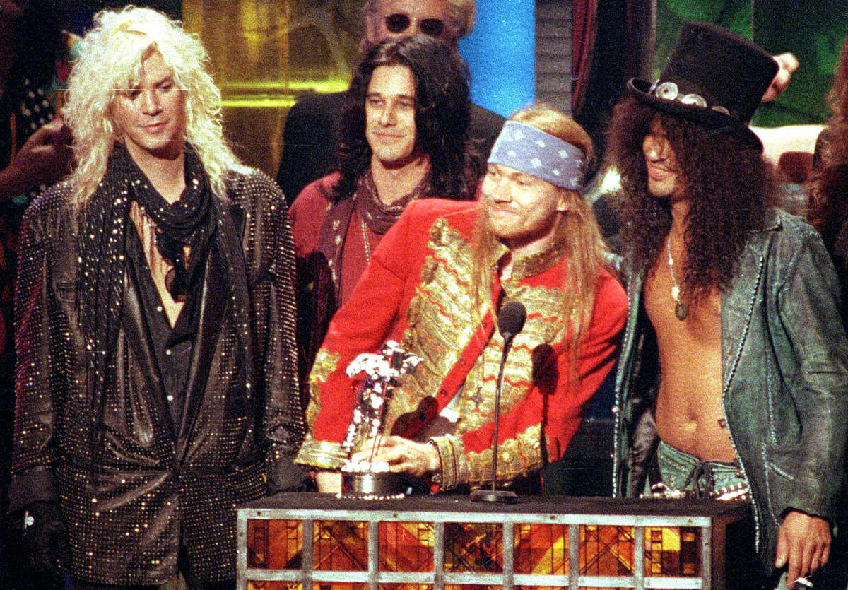 Here, Guns N' Roses receives the Michael Jackson Video Vanguard Award for "November Rain" on Sept. 9, 1992 at the MTV Video Music Awards ceremony in Los Angeles.