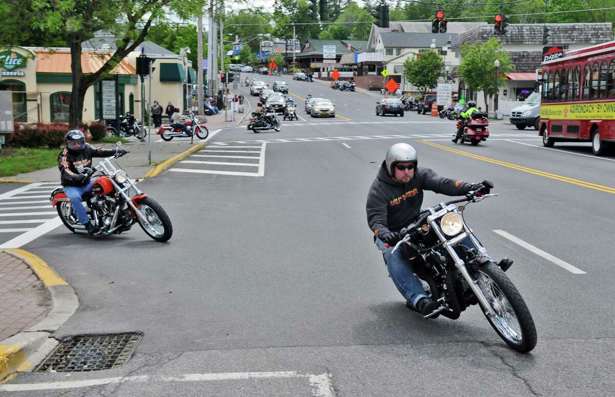 Bikers turn onto Canada Street at the start of the annual Americade, on Tuesday June 5, 2012 in Lake George, NY. 