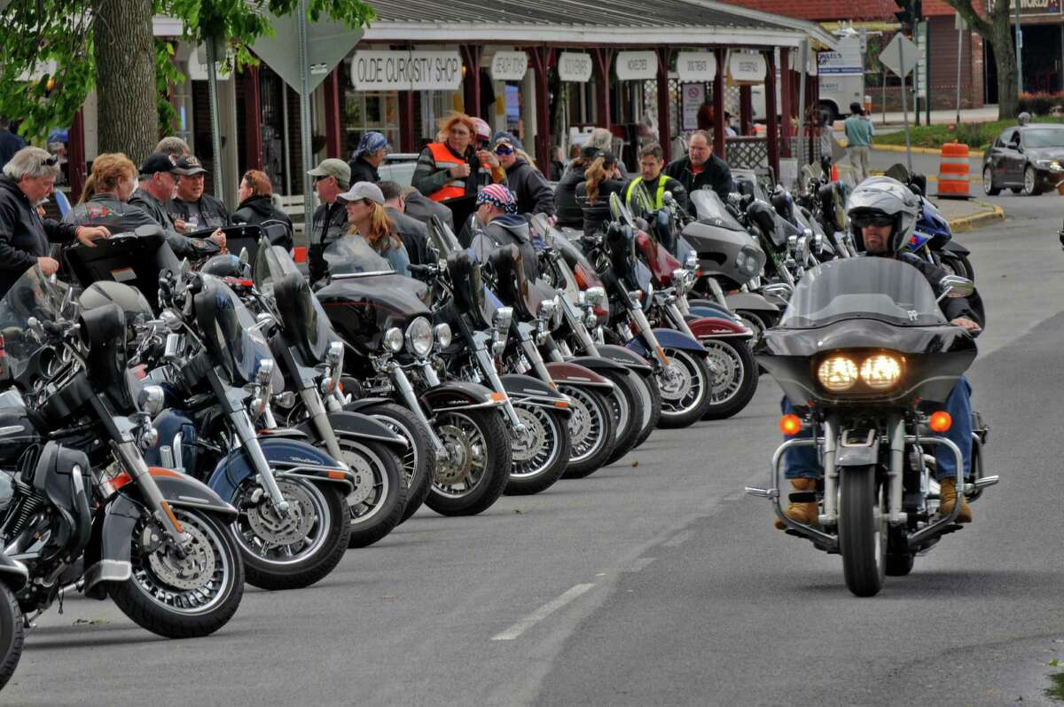 Motorcycles line up on Beach Road, as bikers arrive in the village for the annual Americade, on Tuesday June 5, 2012 in Lake George, NY. 