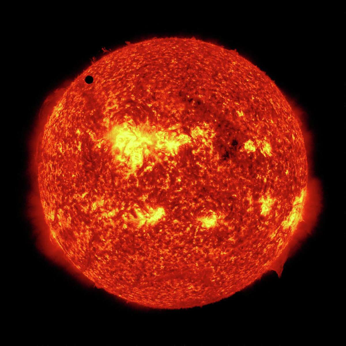 In this handout image provided by NASA, the SDO satellite captures a ultra-high definition image of the Transit of Venus across the face of the sun at on June 5, 2012 from space. The last transit was in 2004 and the next pair of events will not happen again until the year 2117 and 2125.