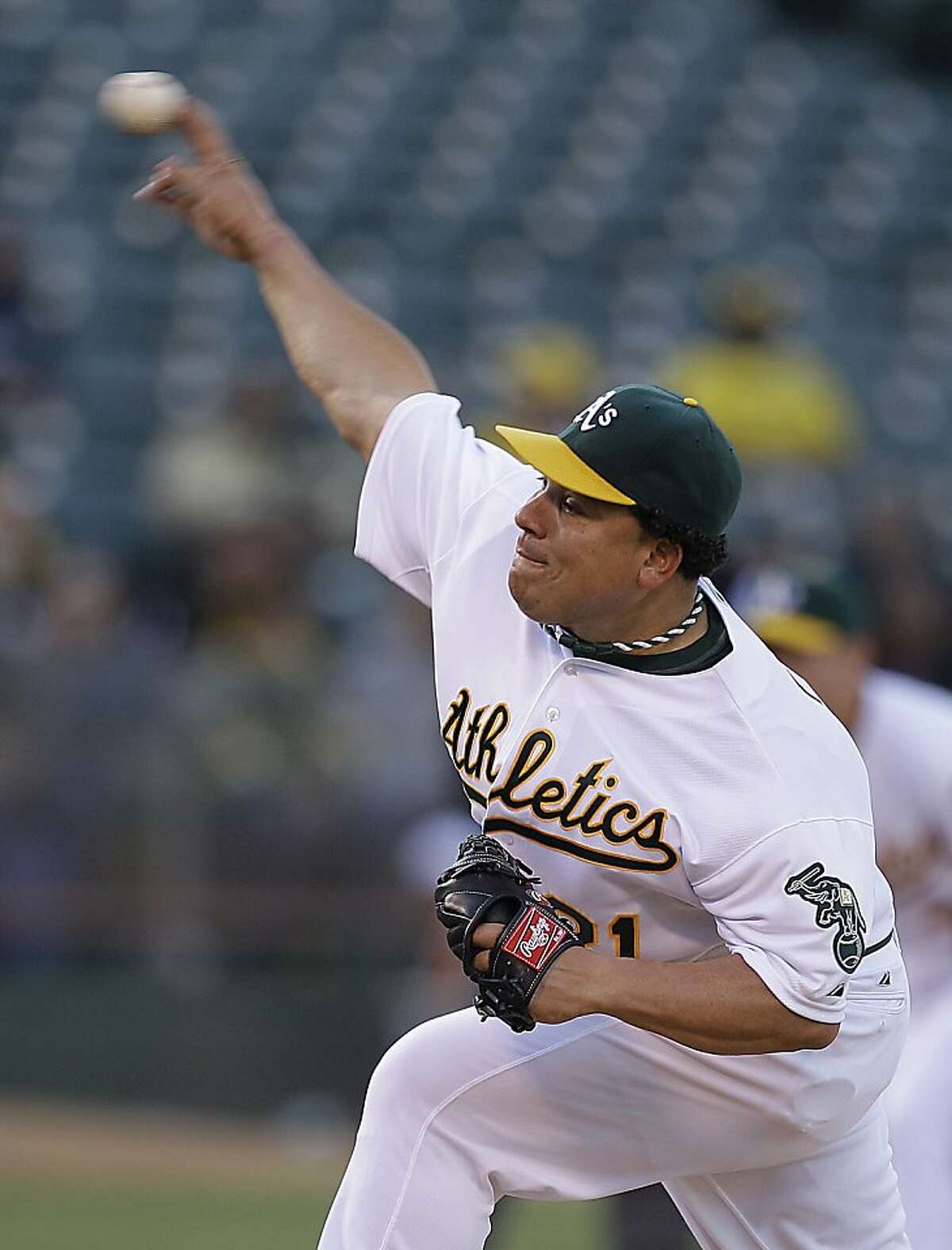Oakland Athletics' Bartolo Colon works against the Texas Rangers in the first inning of a baseball game on Wednesday, June 6, 2012, in Oakland, Calif. (AP Photo/Ben Margot)