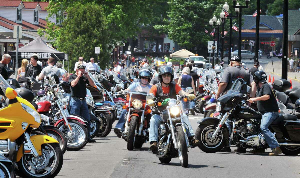 Motorcyclists crowd a Beach Road parking lot in Lake George during the annual Americade rally Tuesday June 7, 2011.
