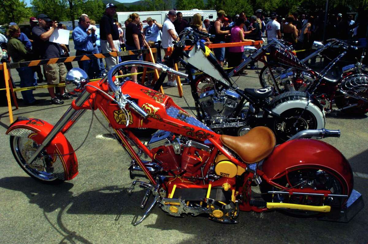 A motorcycle built to honor the NYFD firefighters who died on September 11, 2001 is on display along with other custom bikes built on the 