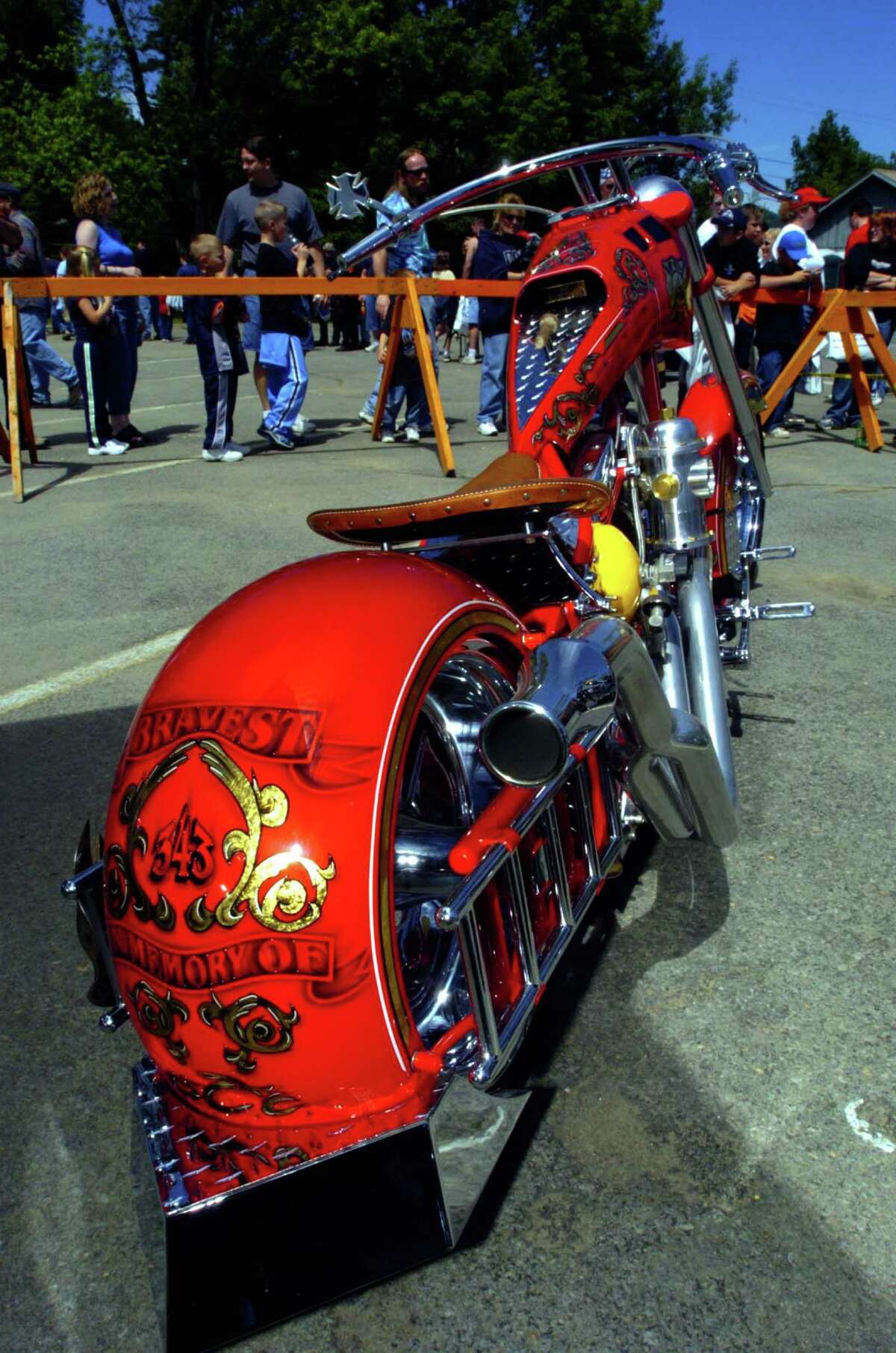 A motorcycle built to honor the NYFD firefighters who died on September 11, 2001,is on display along with other bikes built on the 