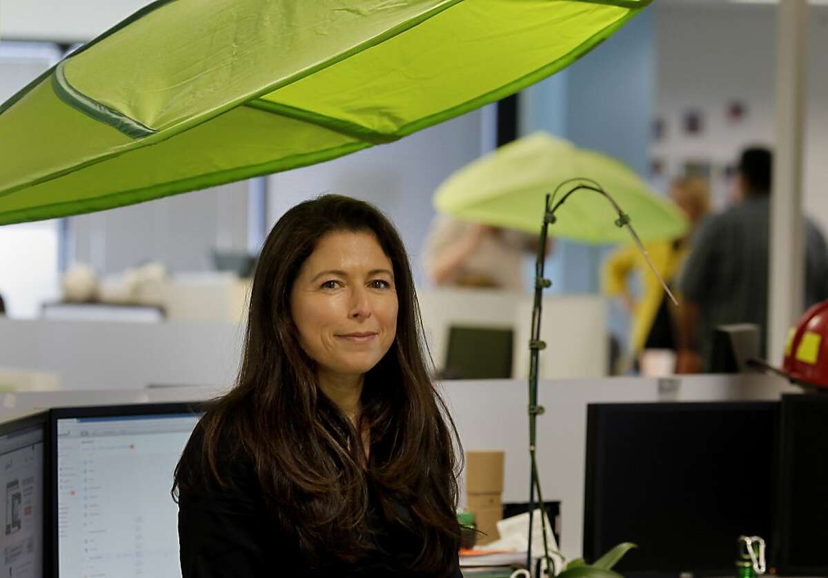 Laura Yecies sits near one of the green leafs that decorate the offices of SugarSync. Laura Yecies is CEO of SugarSync in San Mateo, Calif., an online storage company that competes with Dropbox using Cloud technology.