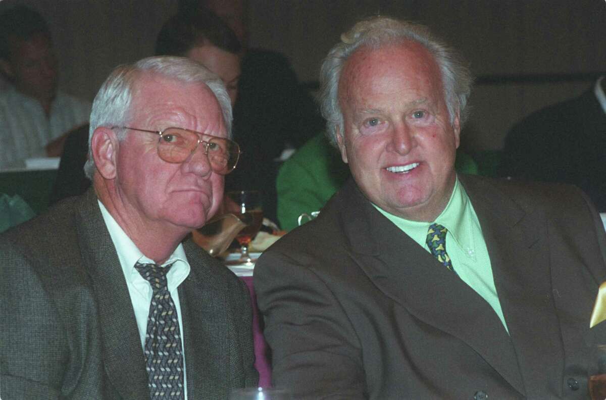 09/28/2001 - John David Crow and Paul Hornung at TOUCHDOWN CLUB LUNCHEON. HOUCHRON CAPTION (09/29/2001): Heisman Trophy winners John David Crow of Texas A&M, left, and Paul Hornung of Notre Dame were among the faces in the crowd at Friday's Texas A&M-Notre Dame preview luncheon. HOUCHRON CAPTION (09/11/2002): "You can call it an air of confidence or good feeling, but something is happening at Notre Dame. It's because of (coach Tyrone) Willingham." -- Former Heisman Trophy winner Paul Hornung, who is a regular at Irish football games.