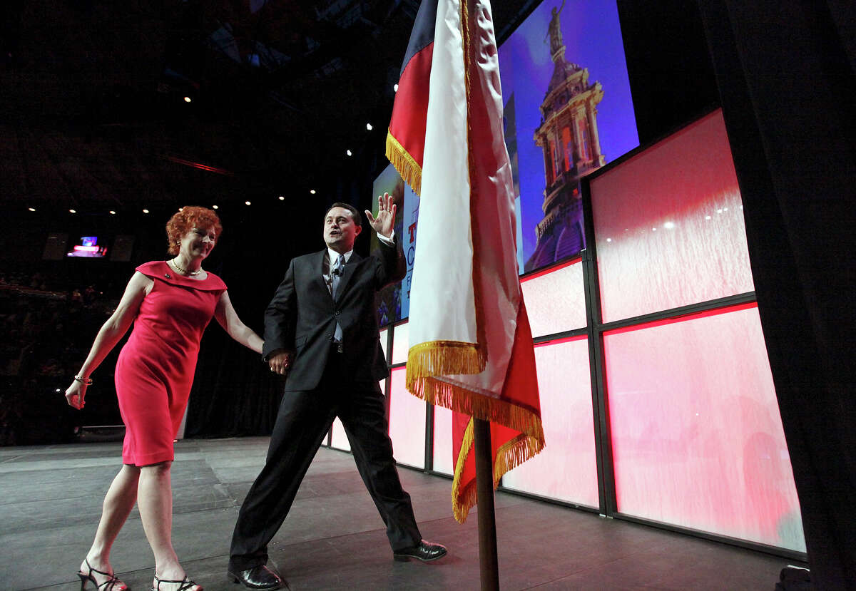 Janet Staples and her husband Texas Agricultural Commissioner Todd Staples leave the stage after his speech during the 2012 Texas GOP Convention held at the Fort Worth Convention Center Saturday June 9, 2012 in Fort Worth, Texas.