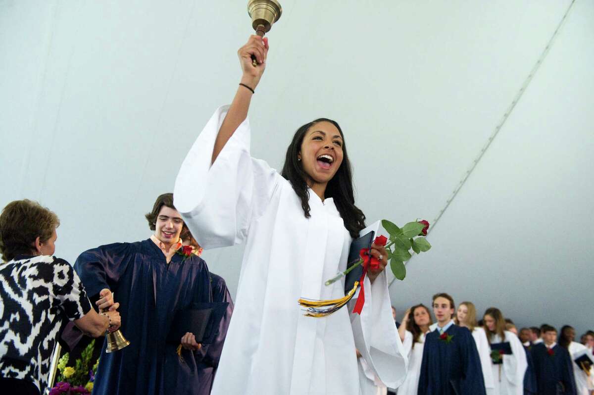 Aja Elyse Piro-Ibrahim rings out of high school during the King Class of 2012 commencement exercises on in Stamford, Conn., June 10, 2012.