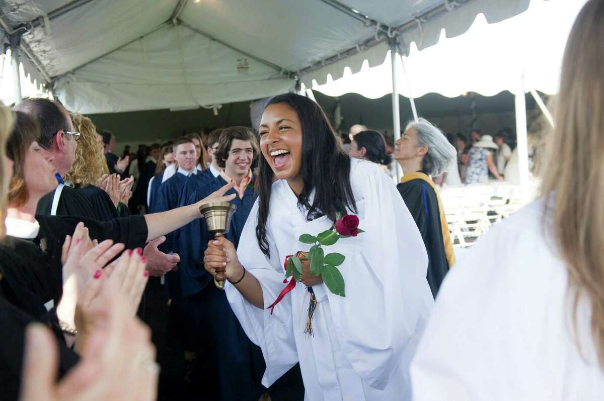 Aja Elyse Piro-Ibrahim celebrates during the King Class of 2012 commencement exercises on in Stamford, Conn., June 10, 2012.