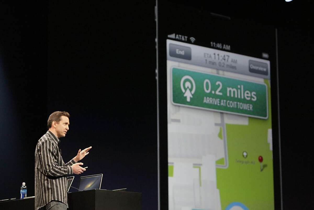 Apple Senior VP of iPhone Software Scott Forstall demonstrates the new map application featured on iOS 6 during the keynote at the Worldwide Developers Conference 2012 at Moscone West on Monday, June 11, 2012 in San Francisco, Calif.