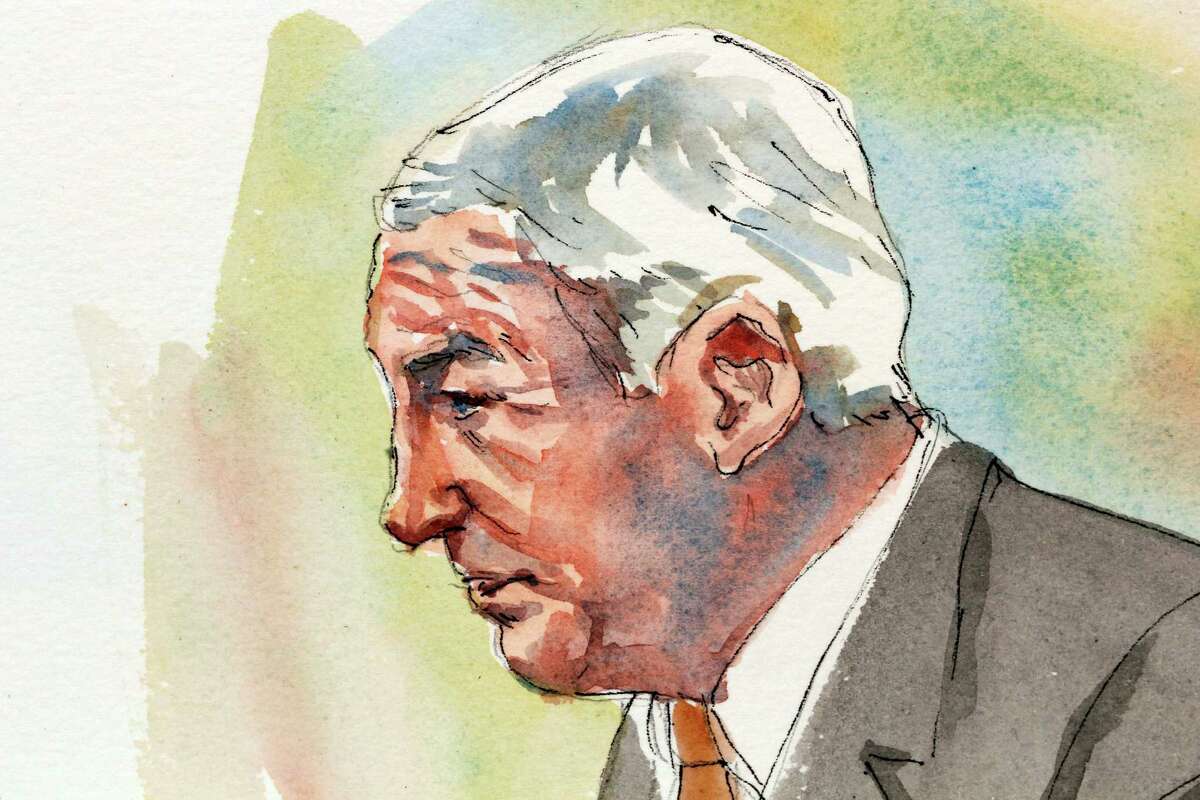 In this courtroom sketch, former Penn State University assistant football coach Jerry Sandusky listens to opening statements during the first day of his child sexual abuse trial at the Centre County Courthouse in Bellefonte, Pa., Monday, June 11, 2012. Sandusky is charged with 52 counts of child sexual abuse involving 10 boys over a period of 15 years.