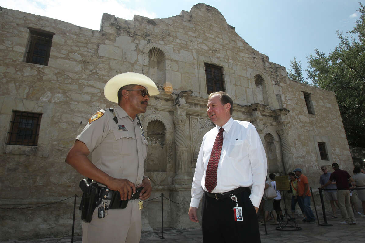 Steve Oswald (right), the new State Director of the Alamo, and Alamo Ranger Roger Ramirez on June 7, 2012.