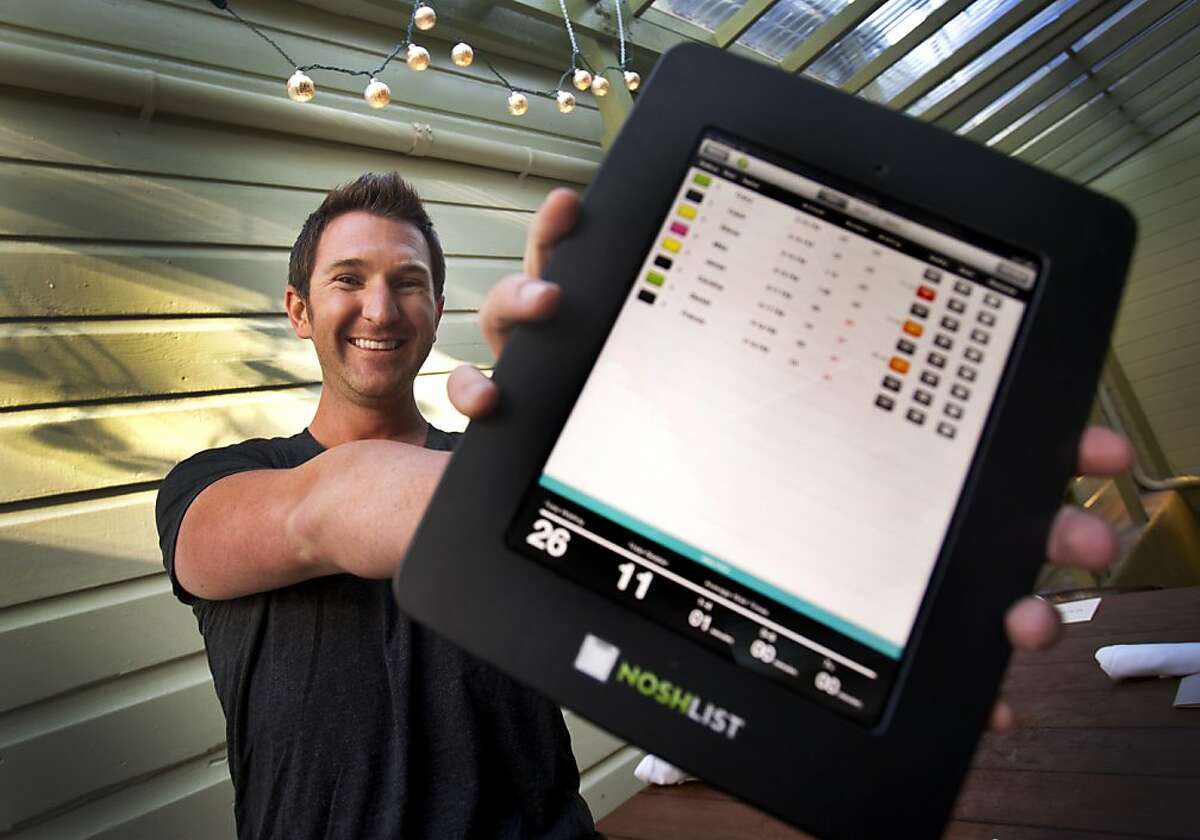 Cody Rose of Noshlist proudly holds up an iPad running the free restaurant app inside of Nopalito restaurant in San Francisco on Friday June 8, 2012. Noshlist is a free restaurant app hat texts diners to tell them their table is ready. It ha close to 1,000 clients including San Francisco's Nopalito.