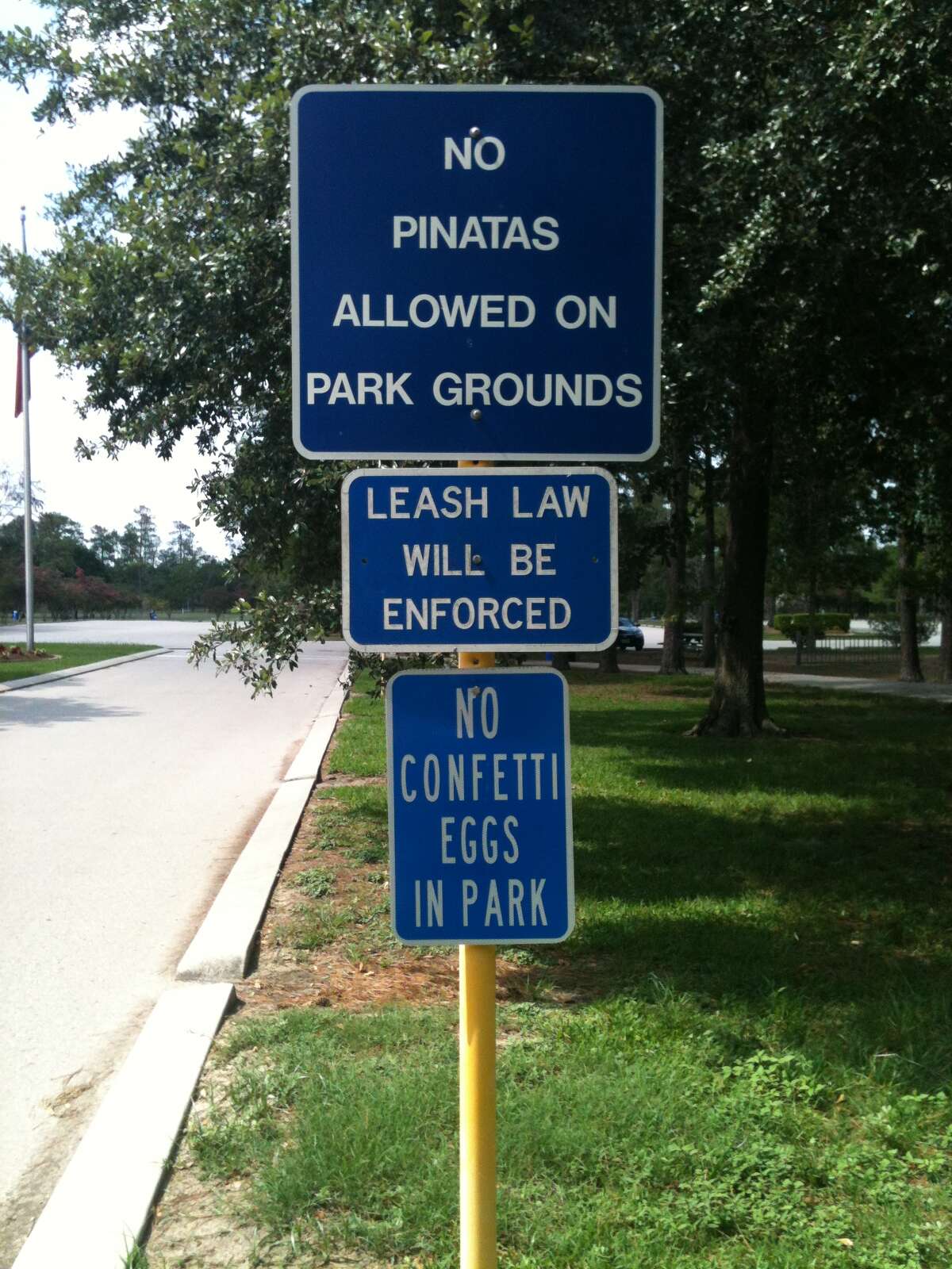 Signs banning piñatas, like this one erected in Meyer Park after Harris County adopted a new anti-litter policy six years ago, should be down by Wednesday.