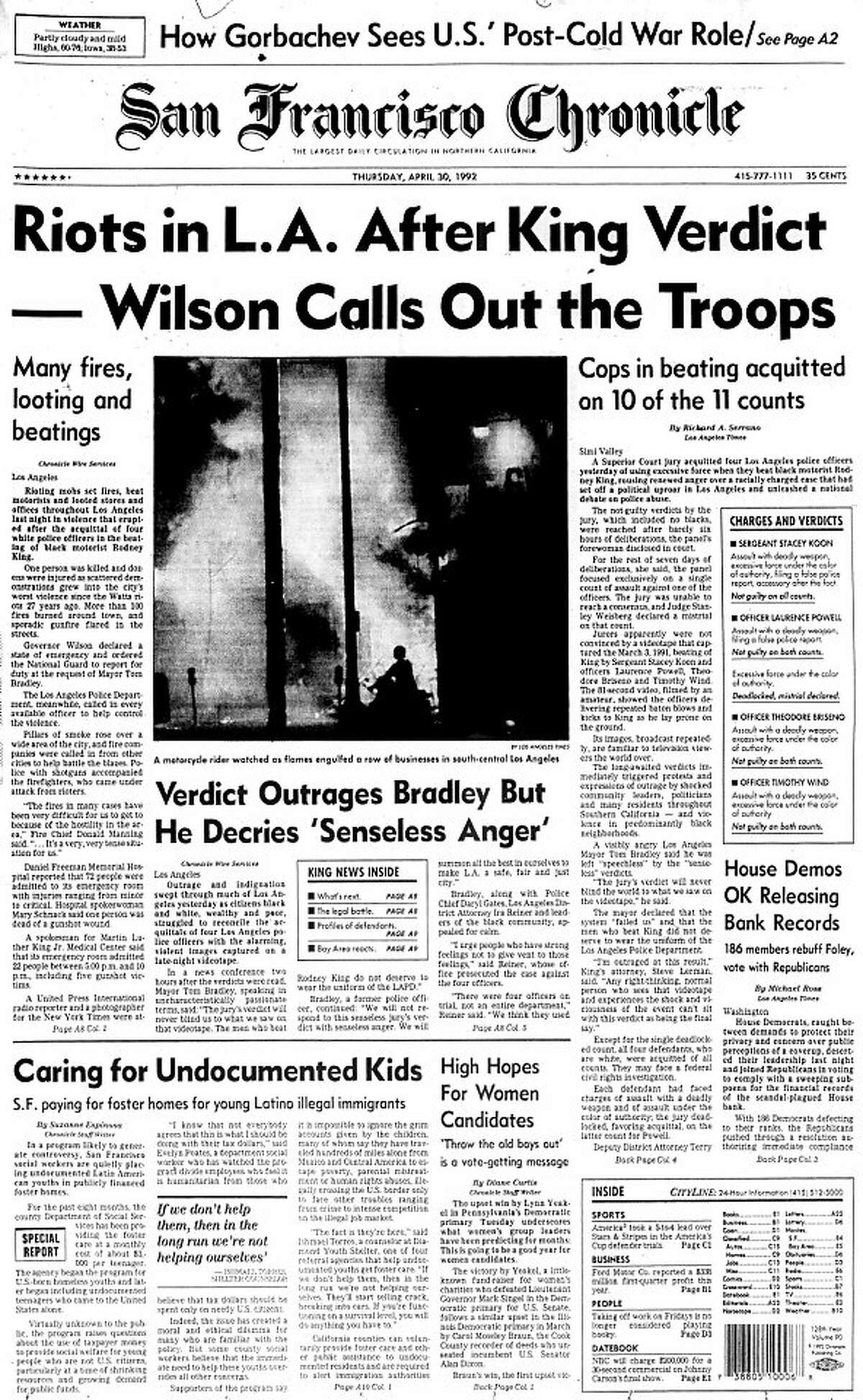After an all-white jury acquits three police officers and one sergeant accused in the videotaped beating Rodney King, a three-day uprising in Los Angeles results in more than 50 people killed, more than 2,000 injured and 8,000 arrested. Rioting mobs set fires, beat motorists and loot stores as Governor Pete Wilson declares a state of emergency and sends in the National Guard to help control the violence.
