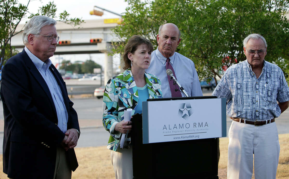 Alamo Regional Mobility Authority Executive Director Terry Brechtel (center) joined by board members William Thornton (far left), Jim Reed and Arthur Downey (far right) hold a press conference to decry the recent lawsuit filed by environmentalist group Aquifer Guardians in Urban Areas against the Alamo Regional Mobility Authority to stop a proposed interchange at the 281/1604 intersection. Kin Man Hui/kmhui@express-news.net