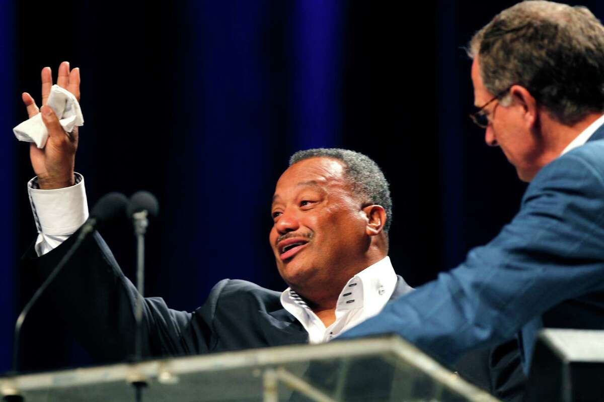 Fred Luter, Pastor of the Franklin Ave. Baptist Church in New Orleans, right, reacts as he is elected president of the Southern Baptist Convention, at the convention in New Orleans, Tuesday, June 19, 2012. Luter is the first African-American to be elected president of the nation's largest Protestant denomination. Right is current president Bryant Wright. (AP Photo/Gerald Herbert)