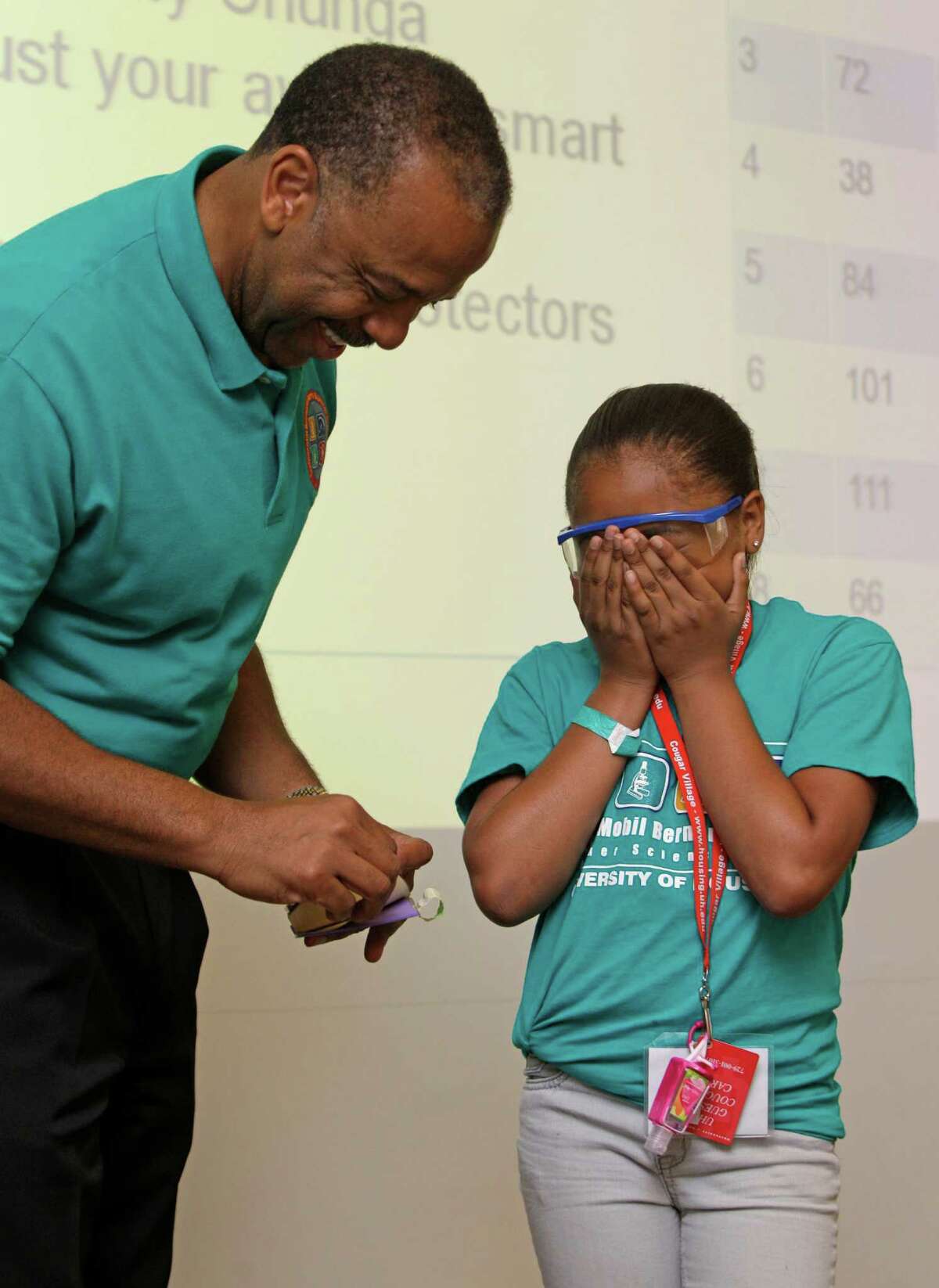 Ramani Talley, 12, right, of team Awesome cannot bare to watch as former astronaut Dr. Bernard A. Harris Jr. counts the layer of impact on her team's entry for the "Space Suit Challenge."