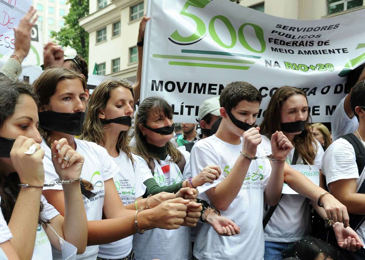 Activists take part in the "Global March" along Rio Branco avenue during the People's Summit in Rio de Janeiro, Brazil, on 20 June, 2012, in the framework of the UN Rio+20 Conference on Sustainable Development. The UN conference, which marks the 20th anniversary of the Earth Summit -- a landmark 1992 gathering that opened the debate on the future of the planet and its resources -- is the largest ever organized, with 50,000 delegates. AFP PHOTO/VANDERLEI ALMEIDAVANDERLEI ALMEIDA/AFP/GettyImages