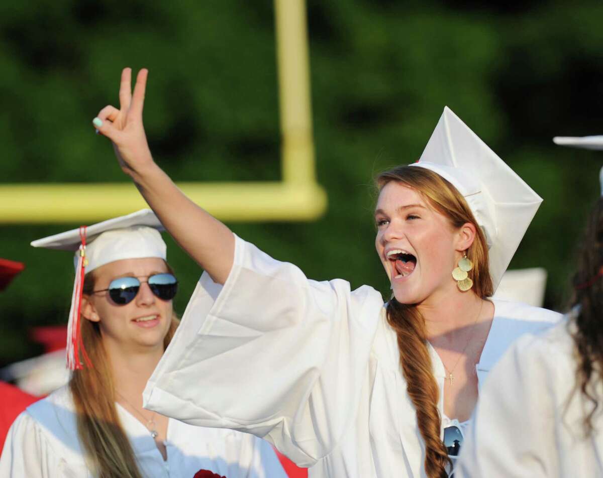 Graduating senior Mackenzie Nocek, 17, gives a shouts-out during the Greenwich High School 2012 commencement at Cardinal Stadium Wednesday night, June 20, 2012.