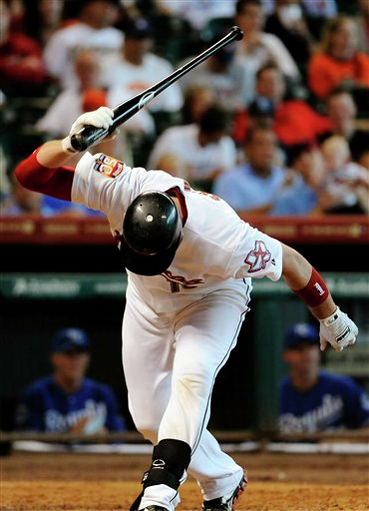 Houston Astros' Chris Snyder slams down his bat after striking out in the sixth inning of a baseball game against the Kansas City Royals, Wednesday, June 20, 2012, in Houston. The Royals won 2-1. (AP Photo/Pat Sullivan)