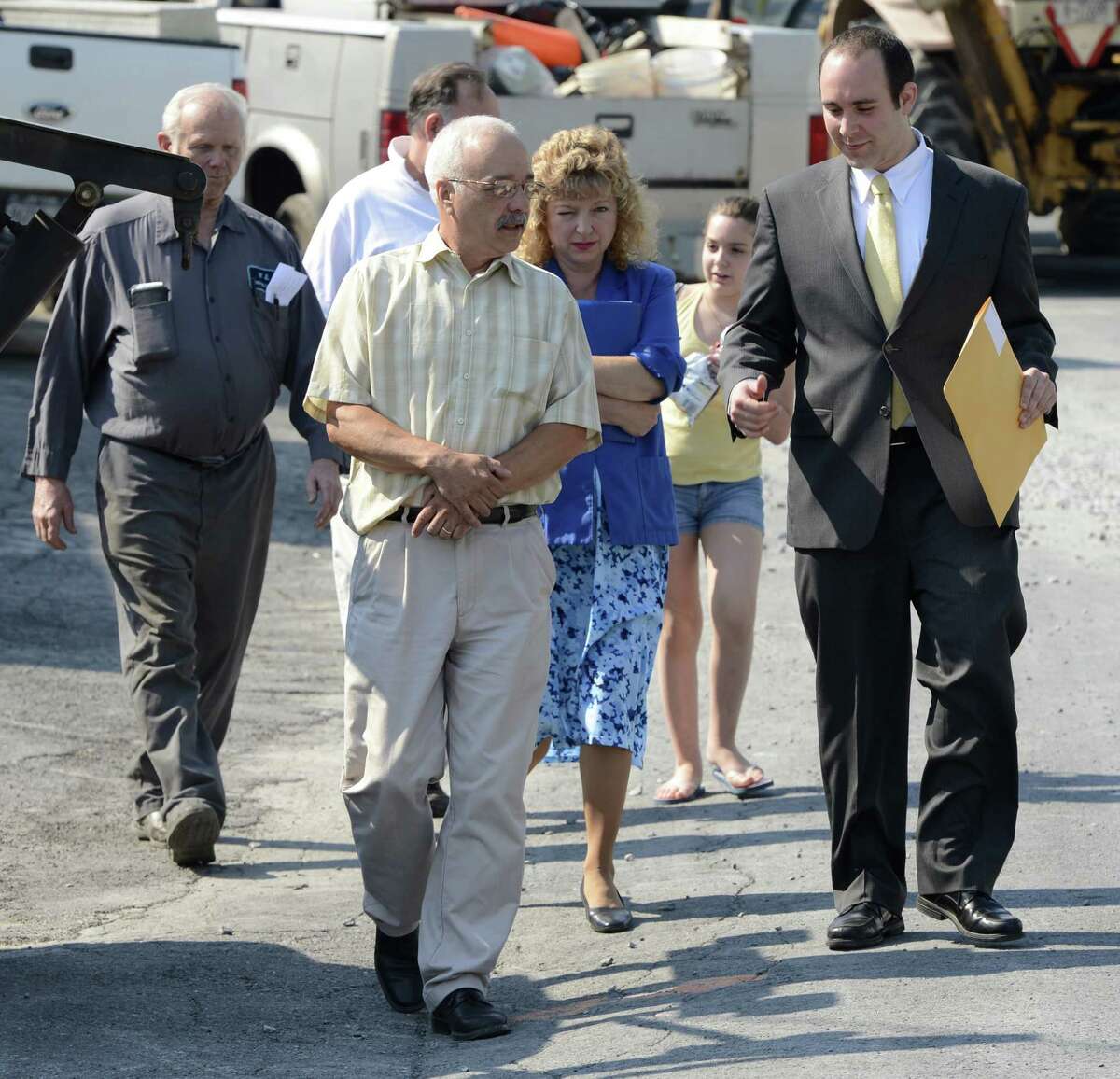 Ravena Coeymans Selkirk School Board President John Vadney, left, leaves Ravena Town Court with his attorney Gennaro Calabrese, right, after his appearance on charges of alleged aggravated harassment June 21, 2012. (Skip Dickstein/Times Union).