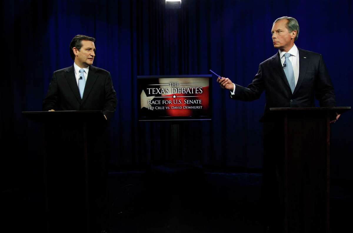 U.S. Senate Candidates Ted Cruz, left, and Texas Lt. Gov. David Dewhurst take their places before their televised debate in Dallas, Texas, Friday, June 22, 2012. Cruz and Dewhurst are locked in a runoff fight for the Republican nomination to fill Texas' open U.S. Senate seat.