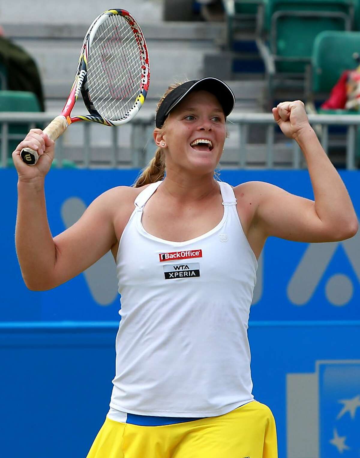 BIRMINGHAM, ENGLAND - JUNE 18: Melanie Oudin of USA celebrates victory over Jelena Jancovic of Serbia during the singles final match on day eight of the AEGON Classic at Edgbaston Priory Club on June 18, 2012 in Birmingham, England. (Photo by Jan Kruger/Getty Images)