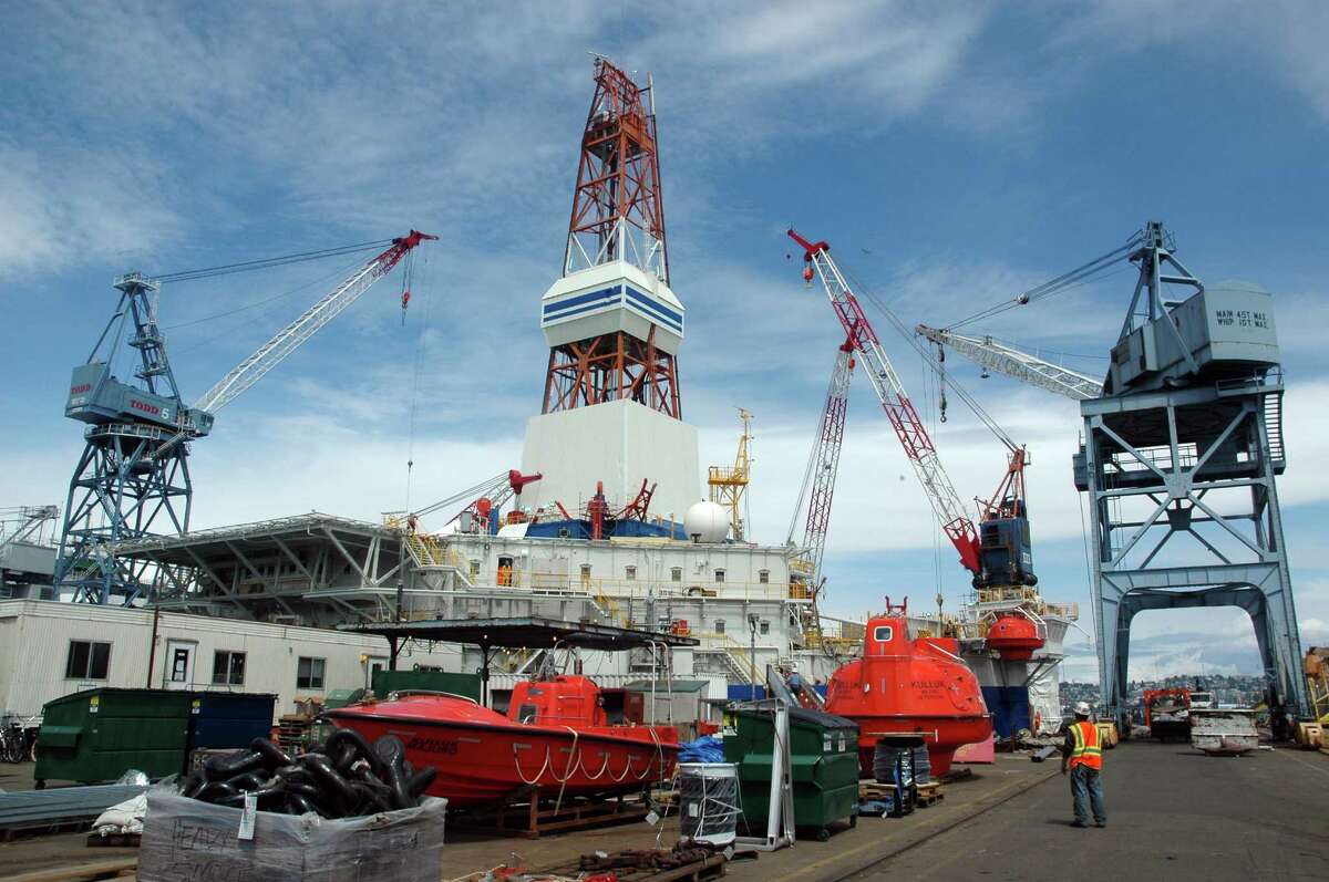 The Kulluk conical drilling rig is docked in the Vigor shipyard in Seattle, where it has undergone refurbishments meant to ready the 1980s-era conical drilling rig for Arctic drilling this summer. (Jennifer A. Dlouhy / The Houston Chronicle)